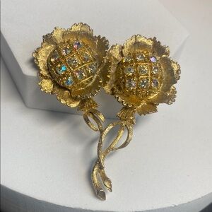 Vintage Rare Double Sunflowers Brooch with AB Crystal Centers
